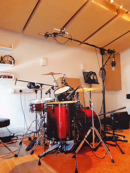 drum kit rigged for recording real working studio